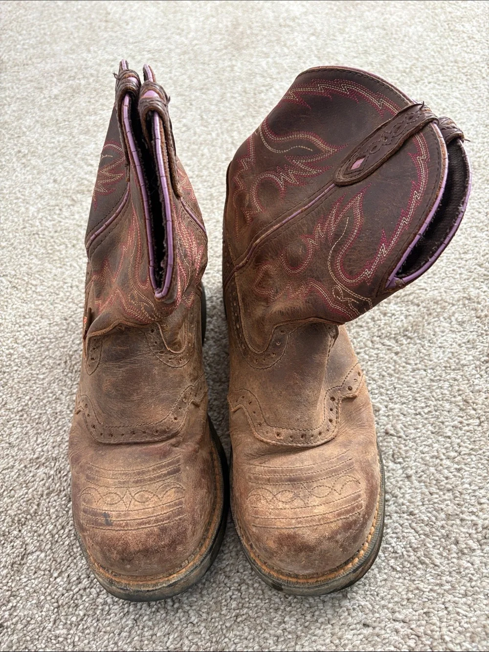 Justin Brown Leather Western‎ Work Boots Pink Stitching Cowgirl 9B WKL9980